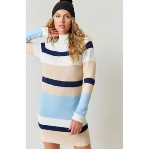 Studio19 Women's Size S White/Blue/Beige Striped Long Sleeve Midi Sweater Dress